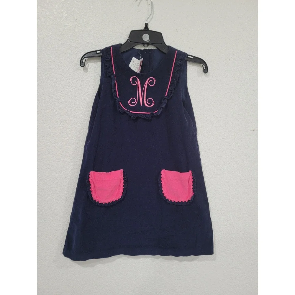 Posh Pickle Girls Navy Blue Pink Corduroy Monogrammed M Jumper Dress Size 6 #7‎